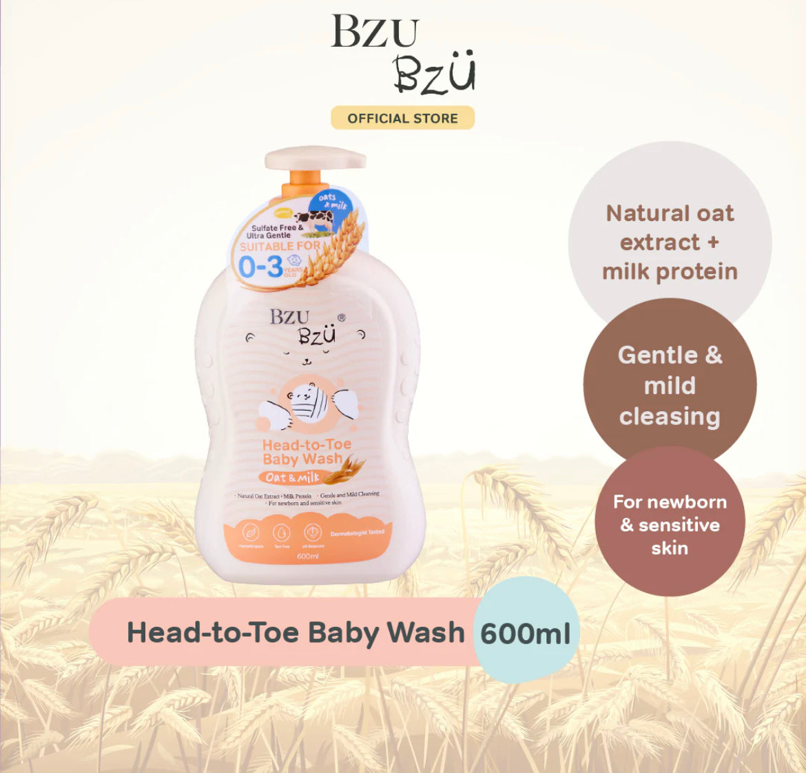 Bzu Bzu Baby Head to Toe Oat & Milk Baby Wash (600ml
