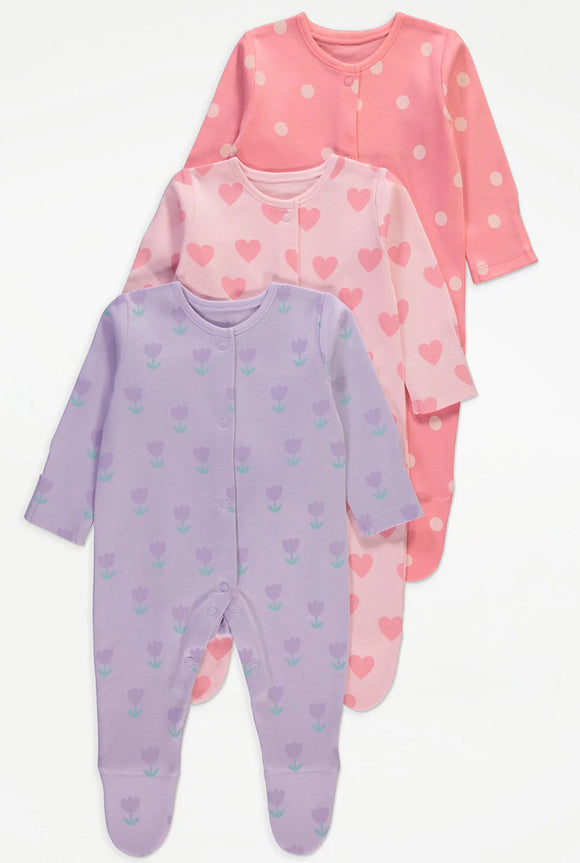 Tulip Heart Sleepsuits 3 Pack