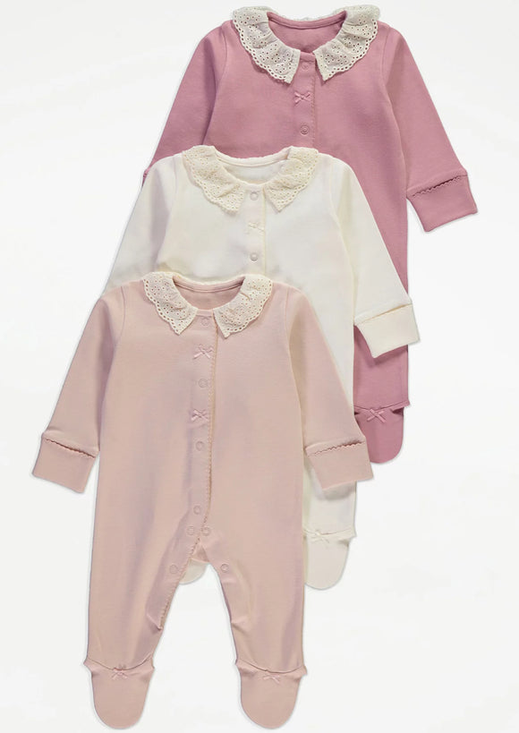 Pink Broiderie Sleepsuits 3 Pack
