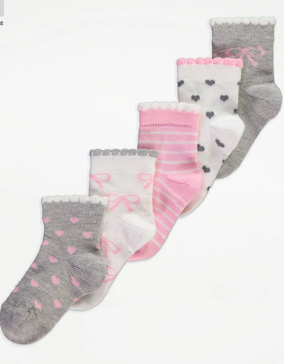 Bow Heart Scallap Cotton Rich Socks 5 pack