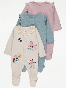 Assorted Embroidered Sleepsuits 3 pack